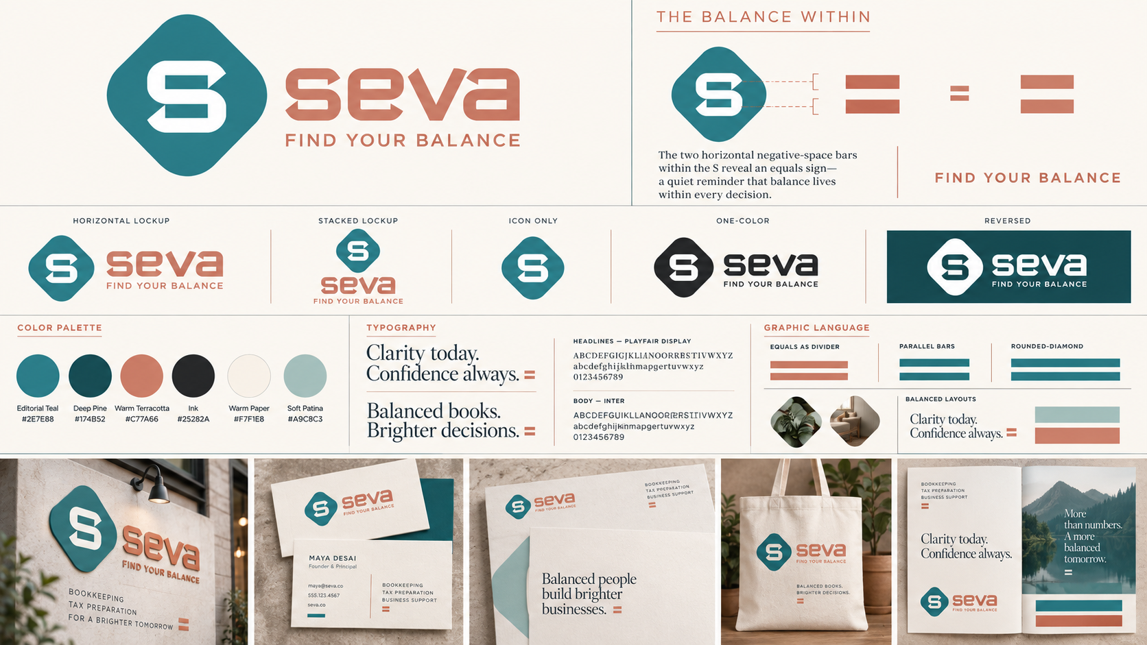 SEVA identity applied to signage, stationery, reports, and merchandise